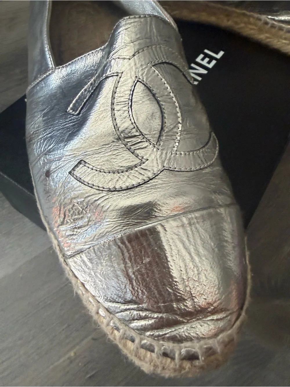 CHANEL Metallic Silver Espadrille Flats with CC Logo
